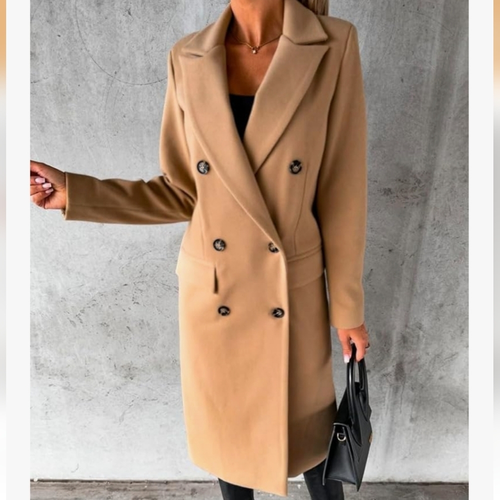 NWT Long Wool Coat Double Breasted Trench Coat Womens Size Medium Camel Color - Picture 2 of 7